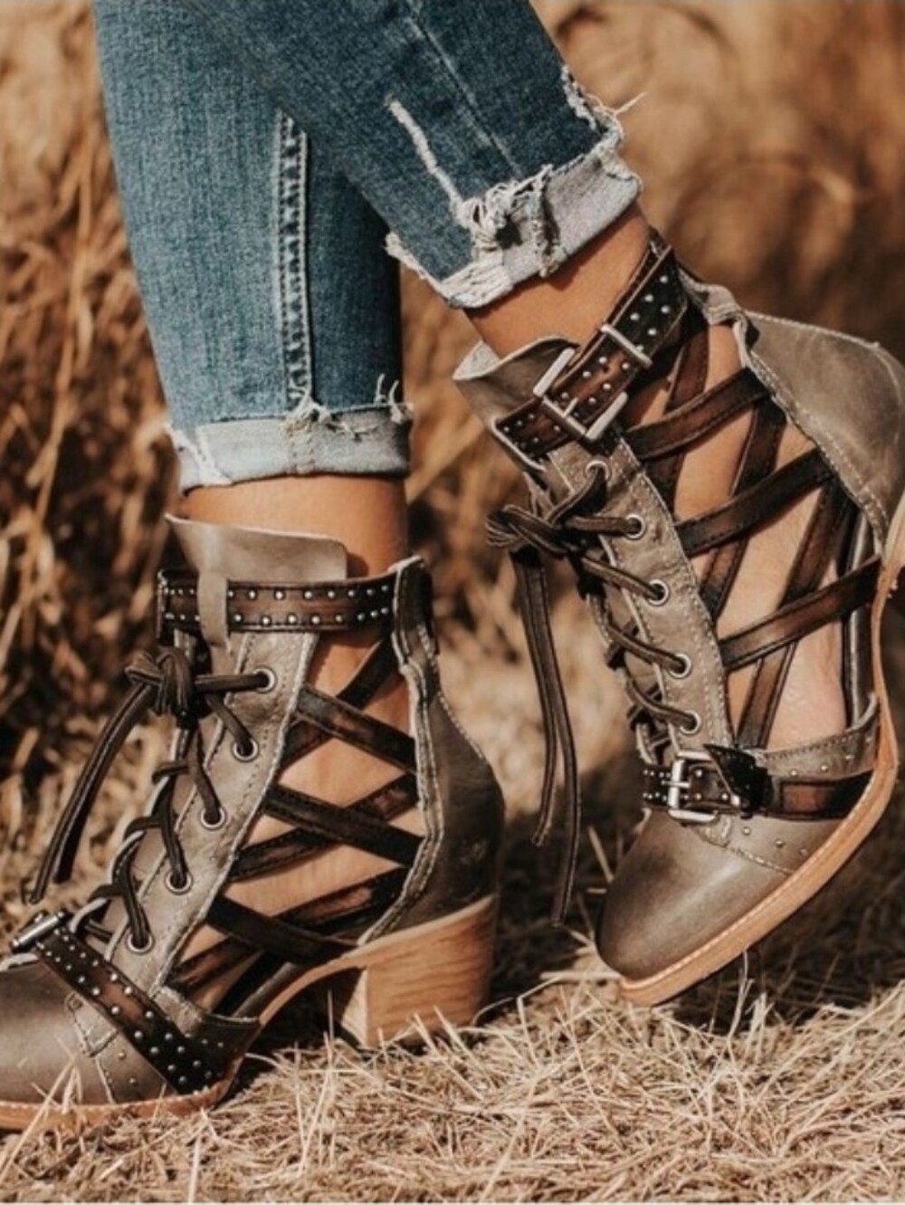 FREEBIRD Gray Leather Cheyenne Strappy Heeled Boots